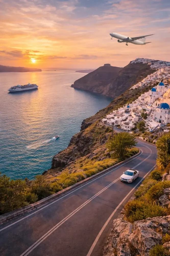 International journeys by air, sea, and road along the Santorini coast