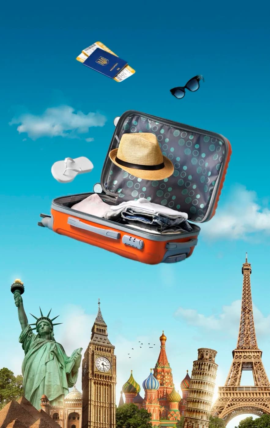 Packed suitcase surrounded by iconic landmarks from around the world
