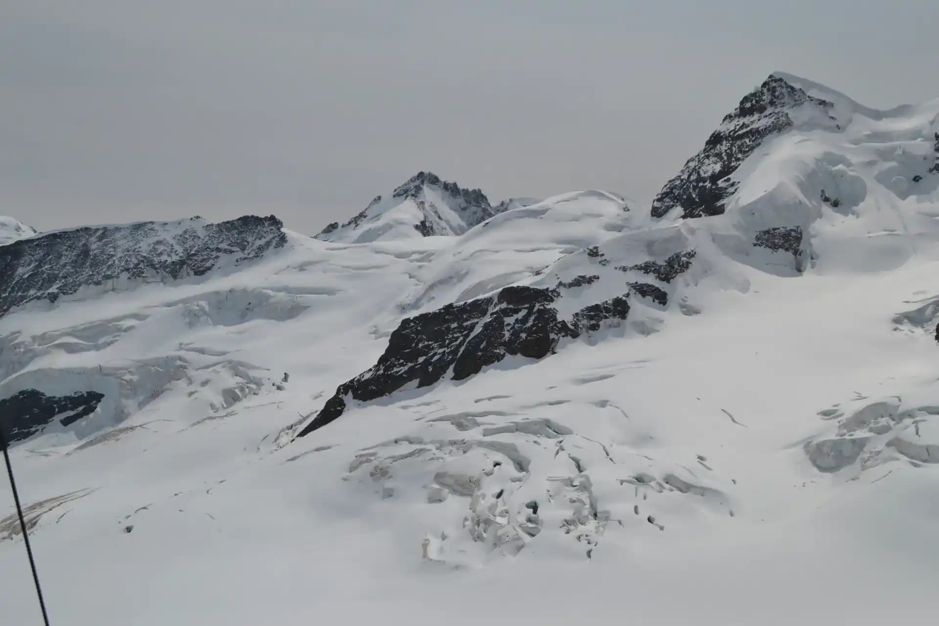Jungfraujoch mountain platform in cold wind with tourists in layers