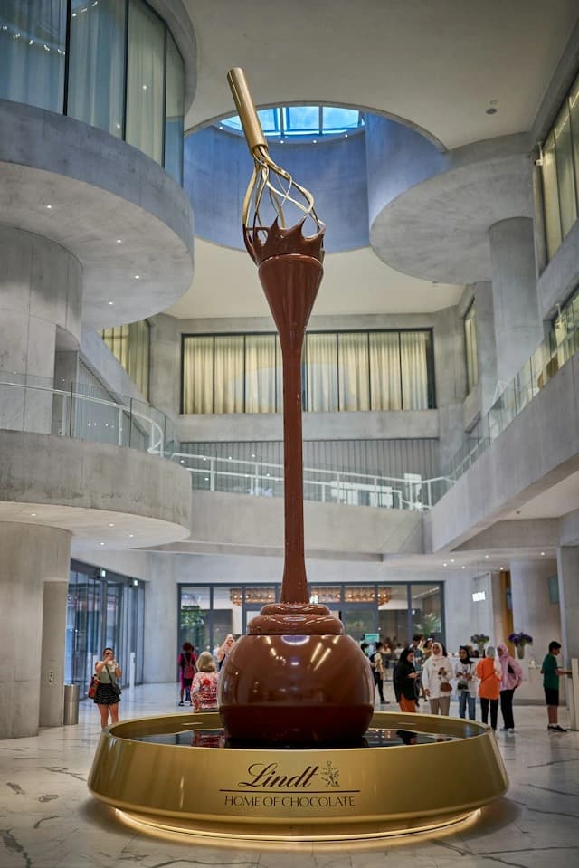 The nine-metre chocolate fountain in the Lindt atrium.