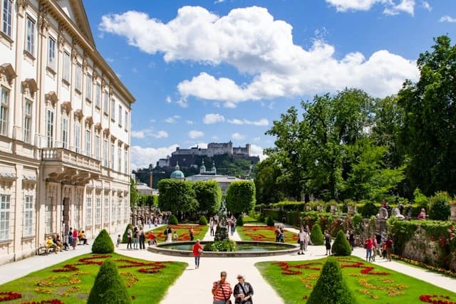 Mirabell Gardens looking towards the fortress on the hill