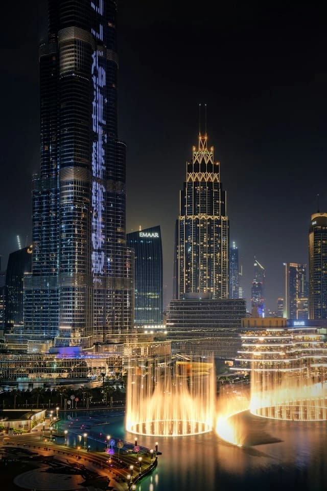the Fountain mid show against the Burj Khalifa at dusk