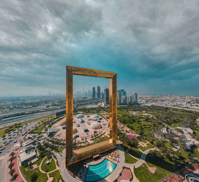The Dubai Frame golden structure framing the skyline