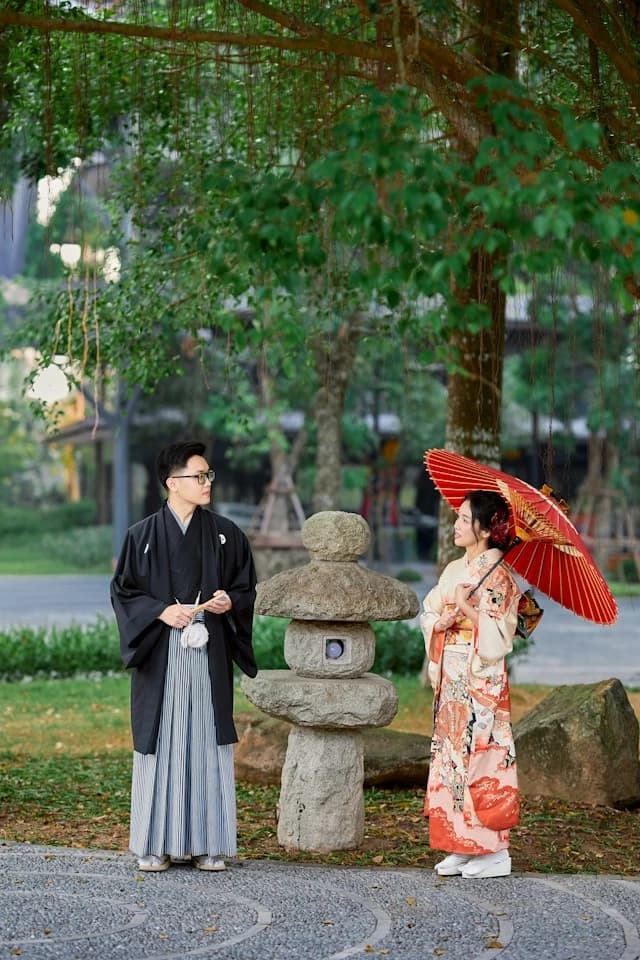 japan cultural dress wearing couple in garden